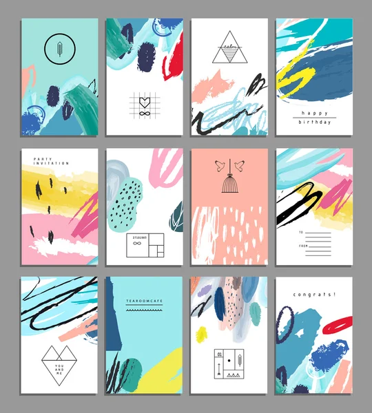 Conjunto de tarjetas artísticas creativas universales. Texturas dibujadas a mano. — Vector de stock