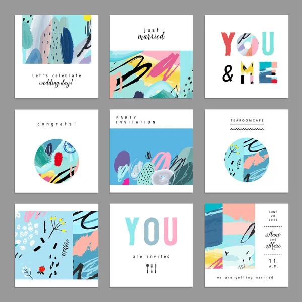 Set of artistic creative universal cards. Hand Drawn textures. — Stock Vector