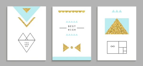 Set of trendy invitations with gold glitter texture. — Stock Vector