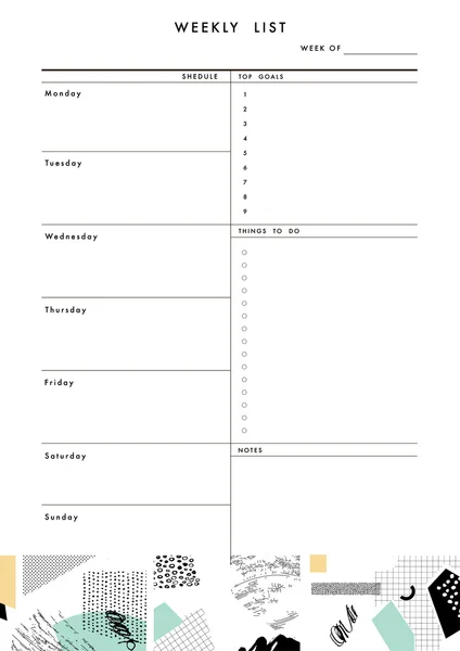 Modello di Planner settimanale. Organizzatore e programma — Vettoriale Stock