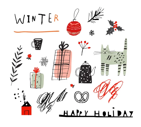 Winter Happy Holiday decorative set. — Stock Vector