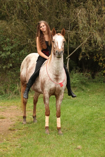 Chica bonita montando un caballo sin ningún equipo — Foto de Stock