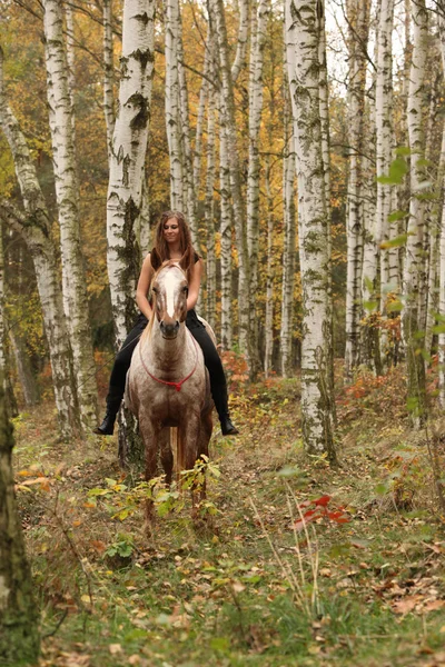 Pretty young girl riding a horse without any equipment in autumn — Stock Photo, Image