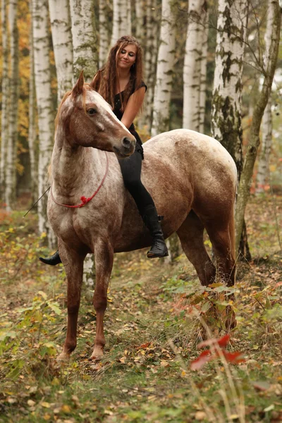 Pretty young girl riding a horse without any equipment in autumn — Stock Photo, Image