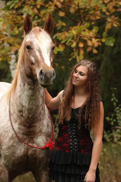 Menina incrível de pé ao lado do cavalo appaloosa — Fotografia de Stock