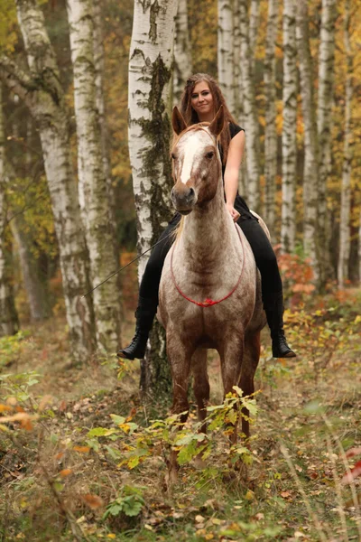 Rapariga bonita montando um cavalo sem qualquer equipamento no outono — Fotografia de Stock