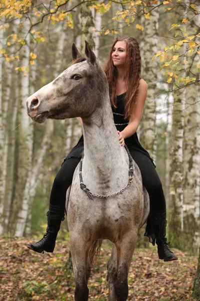 Young girl with appaloosa horse in autumn — Stock Photo, Image