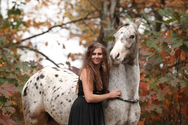 Mujer bonita con caballo appaloosa en otoño —  Fotos de Stock