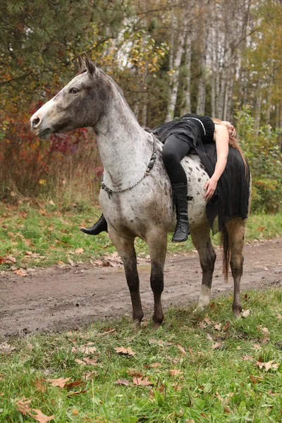 Jong meisje met appaloosa paard in de herfst — Stockfoto