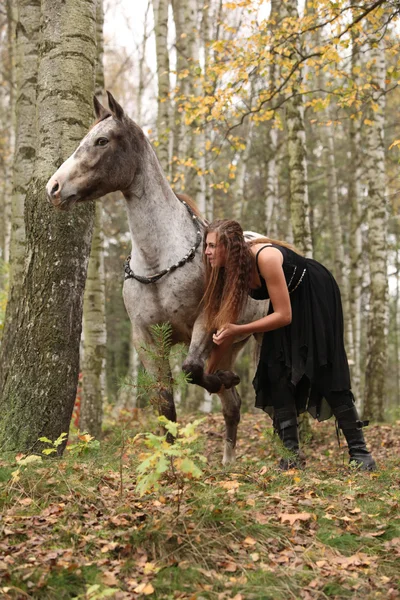 Krásná dívka s pěkné šaty stojí vedle pěkné koně — Stock fotografie