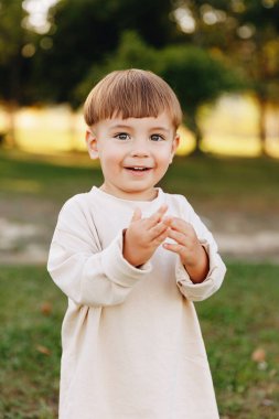 Gülümseyen küçük çocuk, güneşli bir parkta uzun kollu bej bir tişört giymiş, el çırpıyor, neşe saçıyor, masumiyet saçıyor ve sıcak, altın saatli açık hava aile zamanı boyunca neşeli bir merak içinde duruyor..