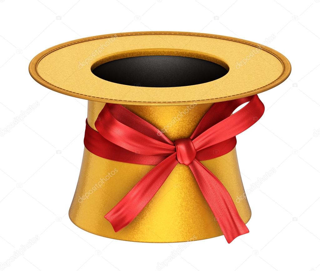 3D rendered golden decoration top hat with red ribbon — Stock Photo