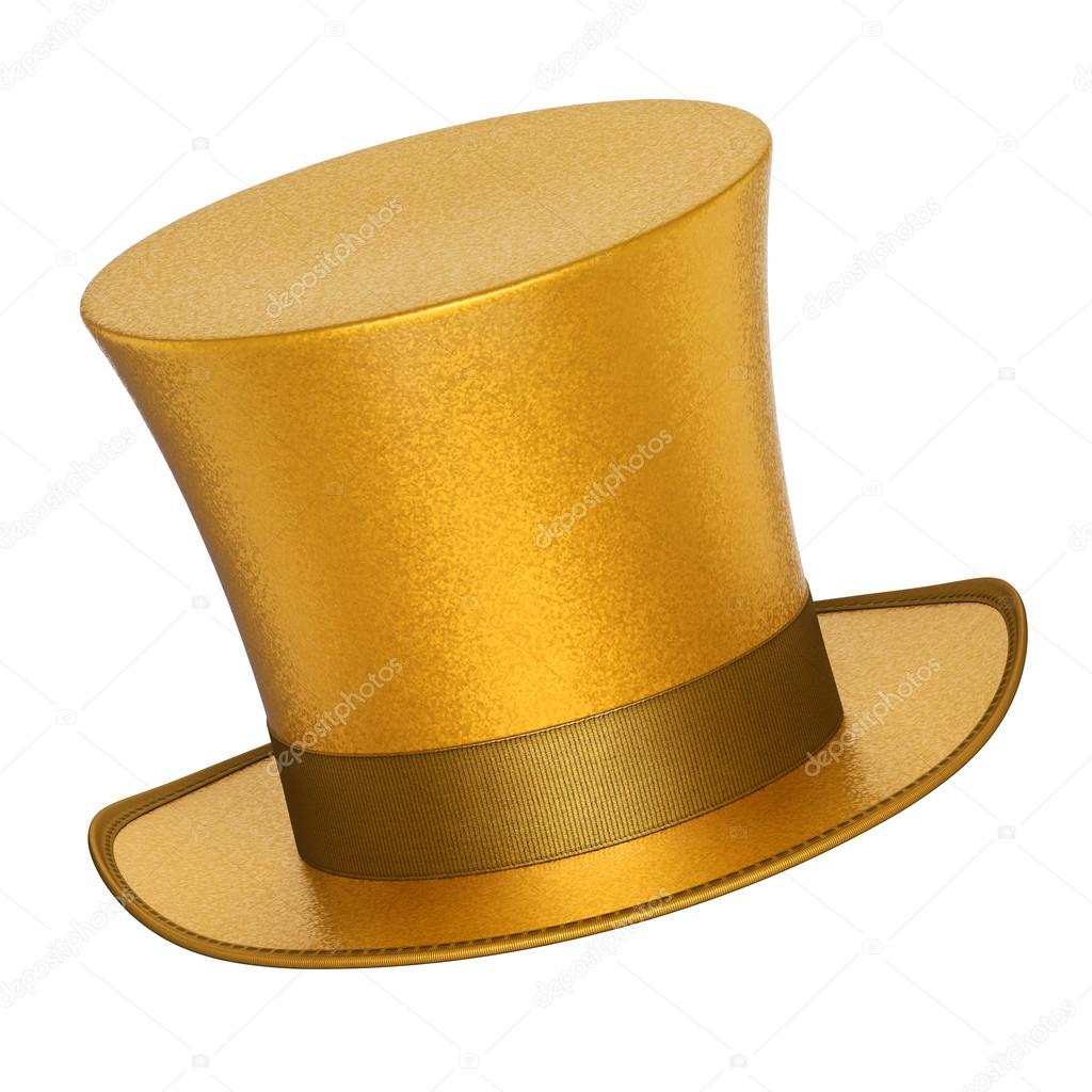  3D rendered golden decoration top hat with silver ribbon