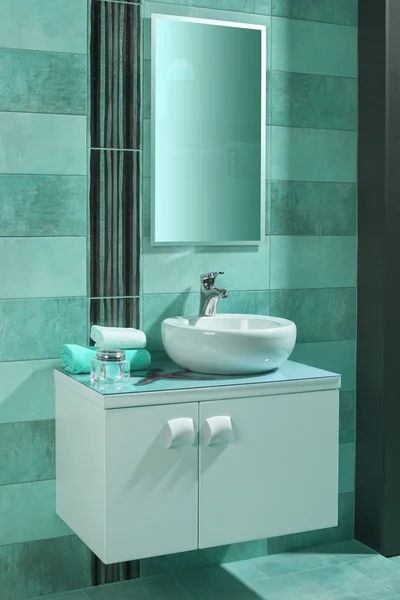 Lavabo rotondo bianco in un bagno moderno con piastrelle blu — Foto Stock