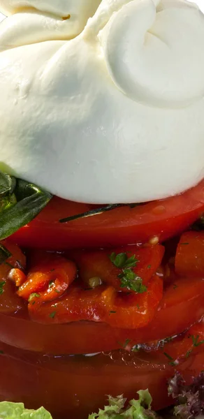Крупный план салата с помидорами, красным перцем и расплавленным сыром — стоковое фото