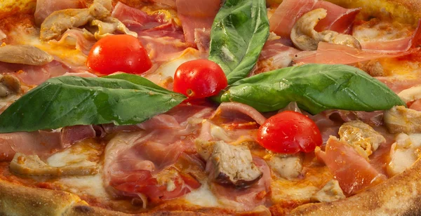 Detail from the pizza with vegetables and meat — Stock Photo, Image