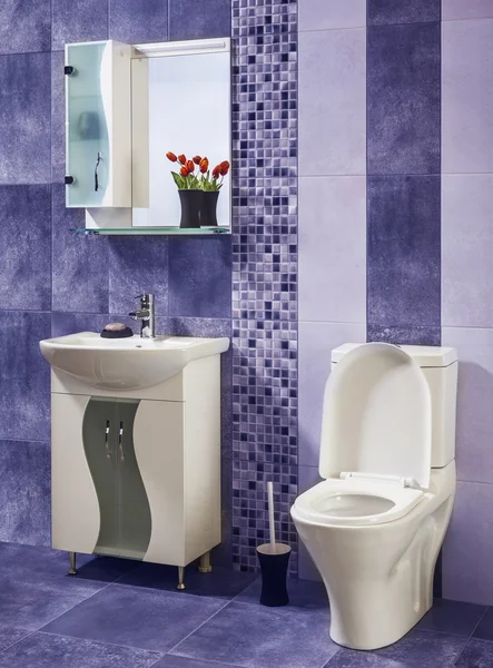 Schönes und stilvolles Badezimmer mit Blumen mit blauem dekoriert — Stockfoto