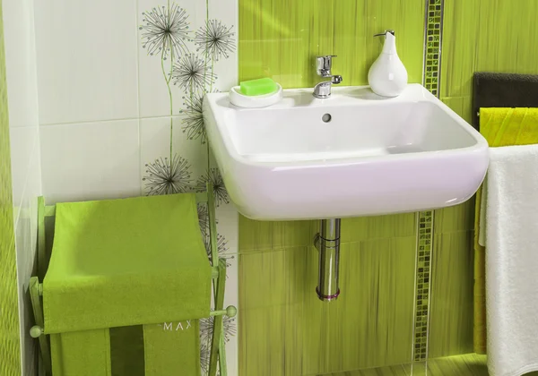 Dettaglio moderno bagno privato interno in verde con lavabo — Foto Stock