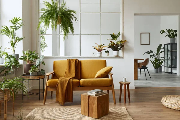 Interior Design Scandinavian Open Space Yellow Velvet Sofa Plants Furniture — Stock Photo, Image