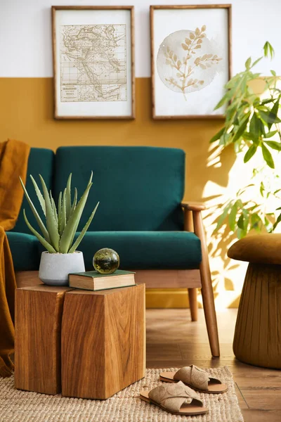 Modern Oturma Odasının Tasarımı Iki Tane Poster Çerçevesi Şık Kanepe — Stok fotoğraf