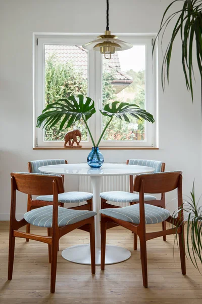 Stylish Composition Dining Room Interior Design Table Chairs Tropical Leaf — Stock Photo, Image