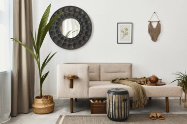 Modern ethnic living room interior with design chaise lounge, round mirror, furniture, carpet, decoration, stool and elegant personal accessories. Template. Stylish home decor. clipart