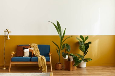 Şık kadife kanepe, tahta küp, halı, dekorasyon, fotokopi alanı, bir sürü bitki ve şık kişisel aksesuarlar. Klasik evdeki modern oturma odası. Şablon.