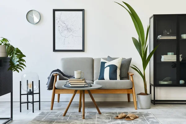 Modern Retro Concept Home Interior Design Grey Sofa Coffee Table — Stock Photo, Image