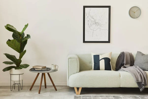 Stylish Loft Interior Green Sofa Design Pouf Mock Poster Map — Stock Photo, Image