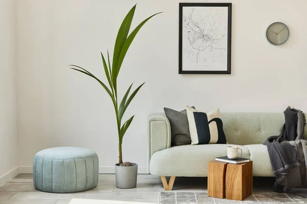 Unique Loft Interior Green Comfortable Sofa Design Furniture Mock Poster — Stock Photo, Image