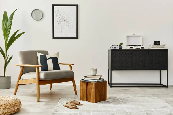 Modern Retro Concept Home Interior Design Grey Armchair Coffee Table — Stock Photo, Image