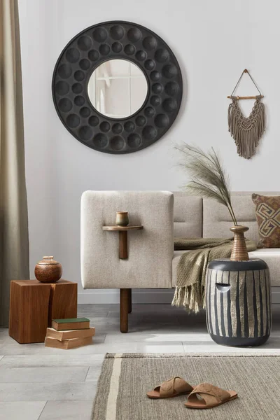 Elegant Ethnic Composition Living Room Interior Design Coffee Table Sofa — Φωτογραφία Αρχείου