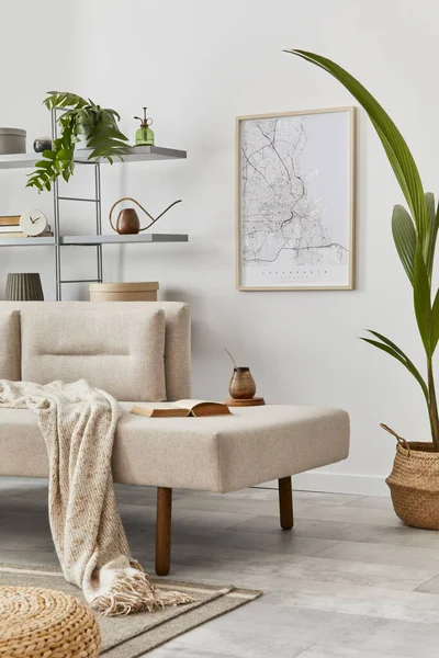 Scandinavian interior with stylish sofa, design furniture, bookcase, plants, decoration, mock up poster map and elegant personal accessories. Neutral living room in classic house. Template.