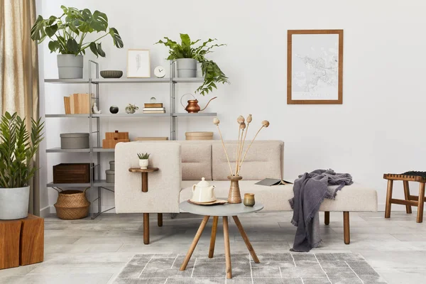 Cozy Interior Stylish Sofa Design Coffee Table Bookcase Plants Carpet — Stock Photo, Image
