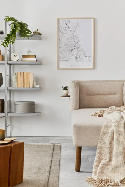 Scandinavian interior with stylish sofa, design furniture, bookcase, plants, decoration, mock up poster map and elegant personal accessories. Neutral living room in classic house. Template.