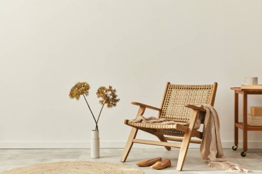 Tarafsız oturma odası konsepti, tasarım ahşap koltuk, yuvarlak halı, vazoda kurumuş çiçekler, terlikler, dekorasyon ve zarif kişisel aksesuarlar. Şablon. Boşluğu kopyala.