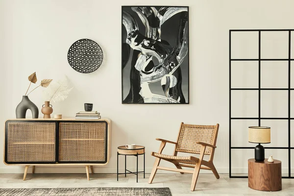 Elegante Soggiorno Scandinavo Interno Appartamento Moderno Con Comò Legno Poltrona — Foto Stock