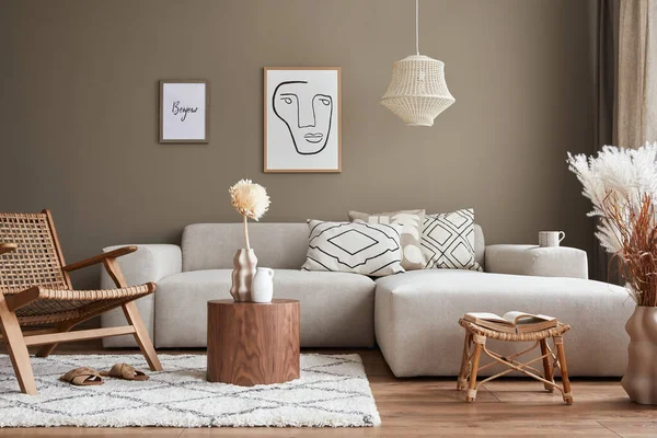 Stilvolles Interieur Mit Designneutralem Modularem Sofa Mock Posterrahmen Rattan Sessel — Stockfoto