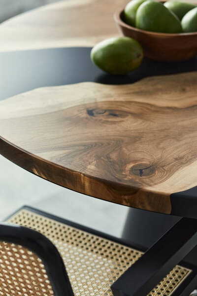 Minimalist Composition Design Wooden Table Fruits Nuts Stylish Chair Modern — Stock Photo, Image