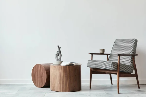 Minimalistické Složení Skandinávského Obývacího Pokoje Designovým Křeslem Dřevěnými Konferenčními Stolky — Stock fotografie