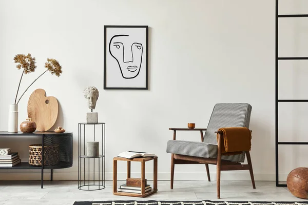 Composição Escandinava Elegante Sala Estar Com Poltrona Design Preto Simular — Fotografia de Stock