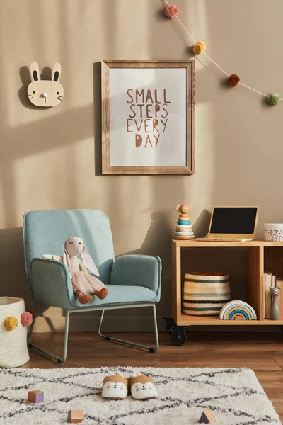 Cozy Interior Child Room Mint Armchair Brown Mock Poster Frame — Stock Photo, Image