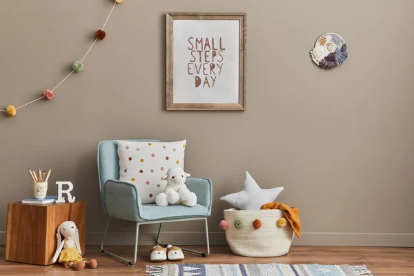 Cozy Interior Child Room Mint Armchair Brown Mock Poster Frame — Stock Photo, Image