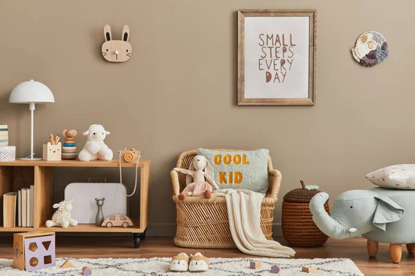 Stylish Scandinavian Kid Room Interior Toys Teddy Bear Plush Animal — Stock Photo, Image