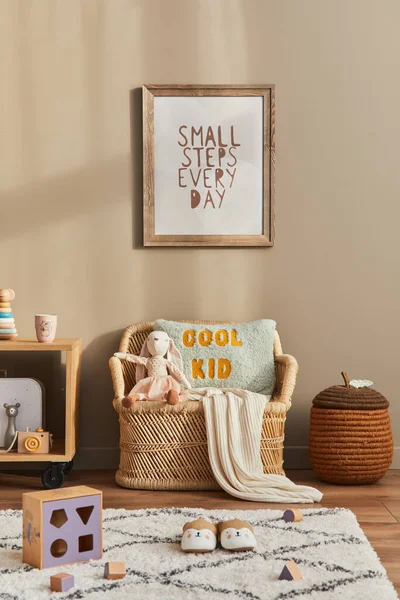 Élégant Scandinave Chambre Enfant Intérieur Avec Jouets Ours Peluche Peluche — Photo