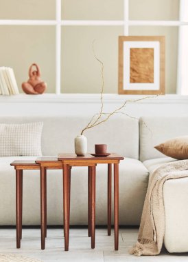 Oturma odasının iç kısmının nötr kanepe, ahşap yan masa, vazoda kurumuş çiçek, yastık, pencere, dekorasyon ve ev dekorasyonunda zarif kişisel aksesuarlar ile minimalist kompozisyonu. Şablon