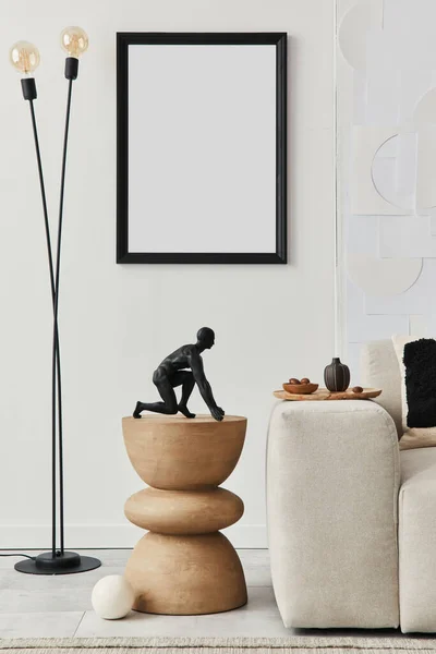 Stylový Interiér Obývacího Pokoje Útulném Domově Modelovým Rámečkem Plakátu Černým — Stock fotografie