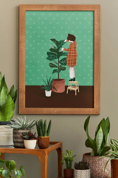 Stylish Botany Composition Home Garden Interior Wooden Mock Poster Frame — Stock Photo, Image