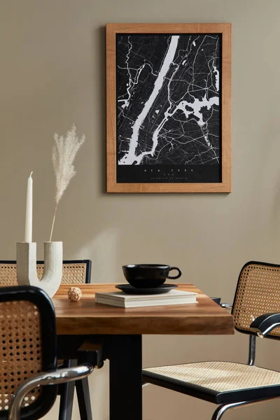 Stylish Dining Room Interior Mock Poster Map Wooden Walnut Table — Stock Photo, Image