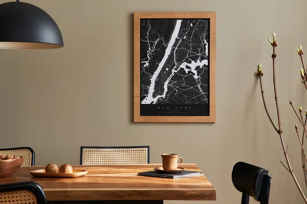 Stylish Dining Room Interior Mock Poster Map Wooden Walnut Table — Stock Photo, Image